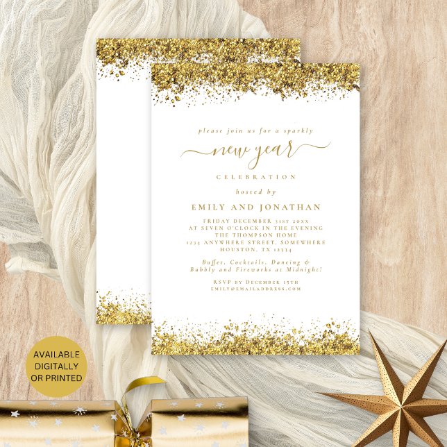 Gold Glitter Script White New Years Eve Party Invitation (Front and back view. Available digitally or printed.)