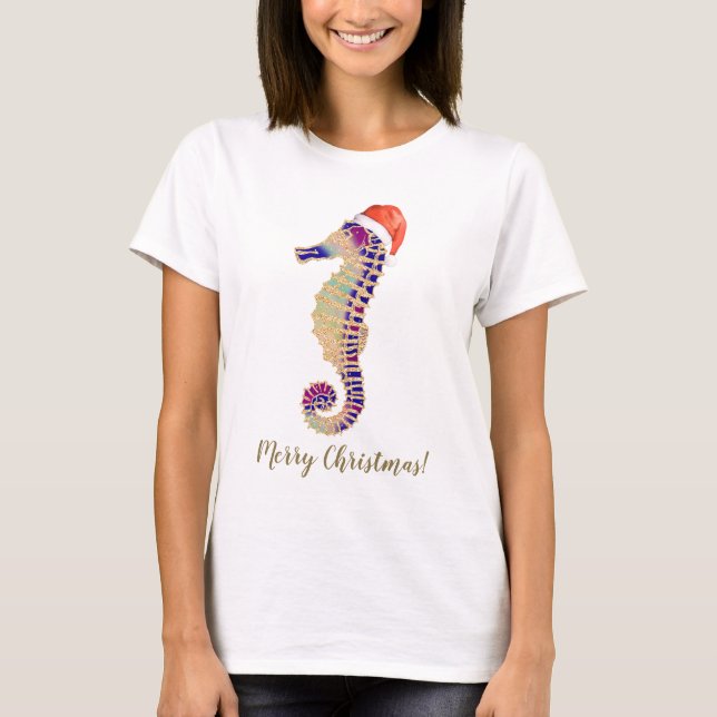 Gold Glitter Seahorse Santa Merry Christmas T-Shirt (Front)