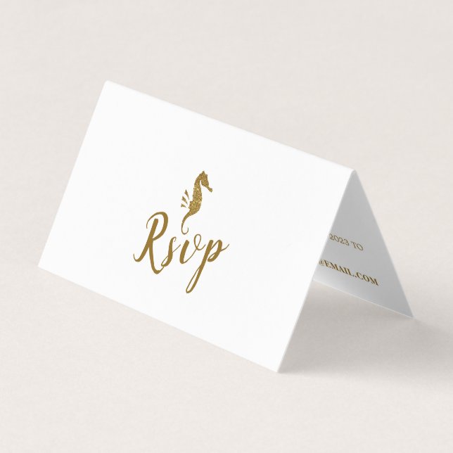 Gold Glitter Seahorse with Photo RSVP Card (Front)