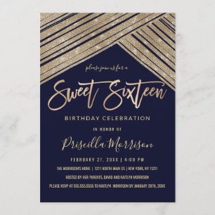 Gold Glitter Sequin Geometric Stripes Sweet 16 Invitation