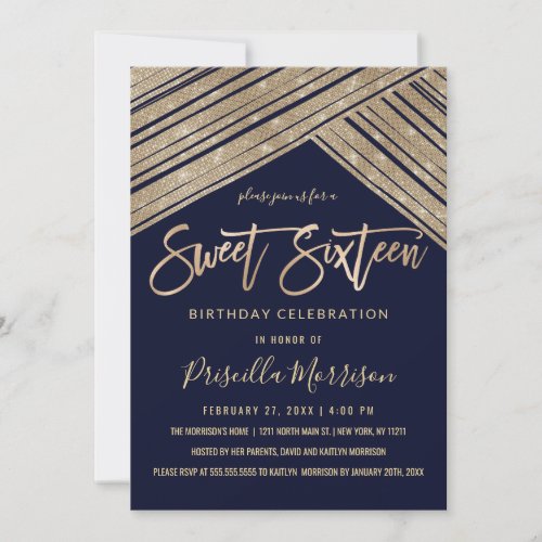 Gold Glitter Sequin Geometric Stripes Sweet 16 Invitation