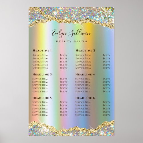 Gold glitter sequin price list poster