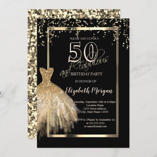 Gold Glitter Sequins Dress 50th Birthday  Invitation