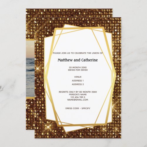 Gold glitter sequins geometric frame photo wedding invitation