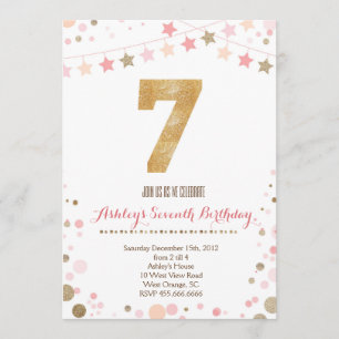 Gold Glitter Seventh Birthday Invitation