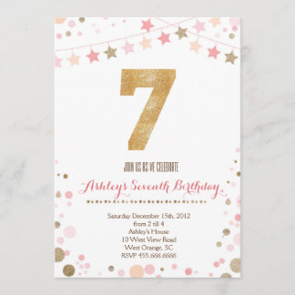 Gold Glitter Seventh Birthday Invitation