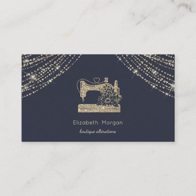 Gold Glitter Sewing Machine Sparkle Tailor Business Card (Front)