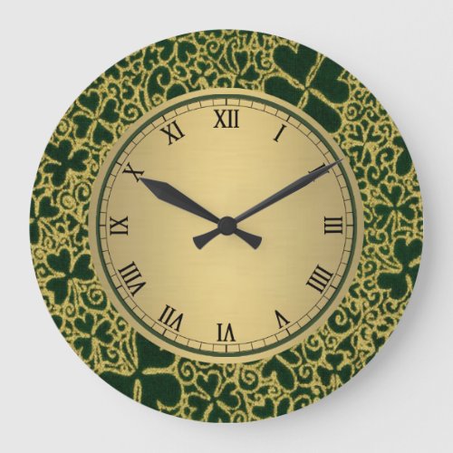 Gold Glitter Shamrocks Large Clock