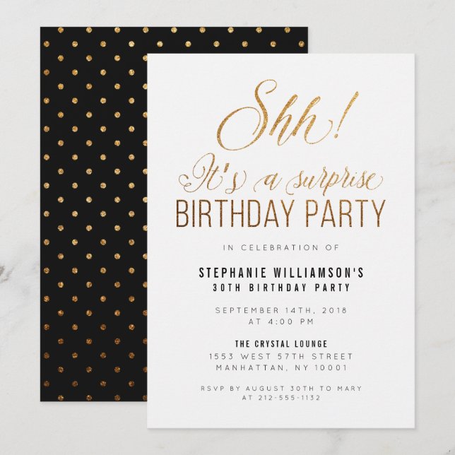 Gold Glitter Shh! It's A Surprise Birthday Party Invitation (Front/Back)