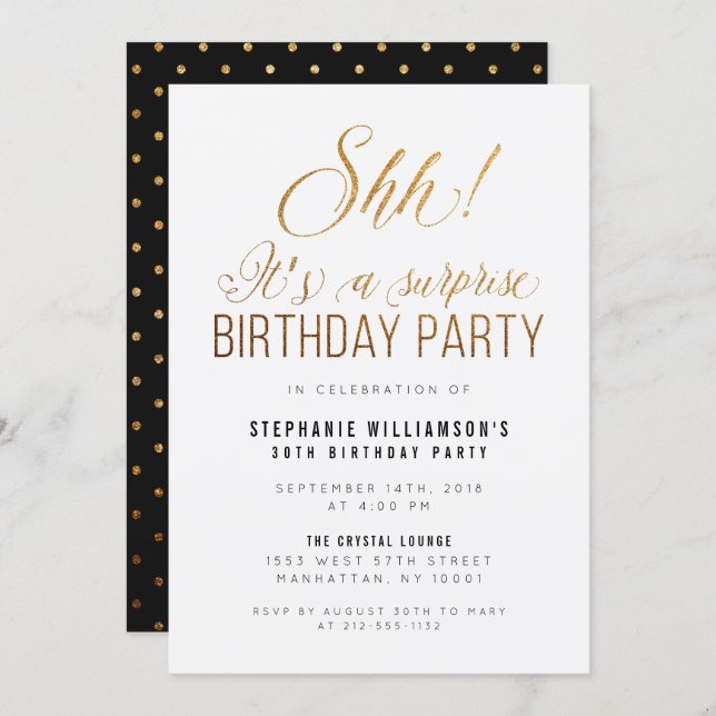 Gold Glitter Shh! It's A Surprise Birthday Party Invitation (Front/Back)
