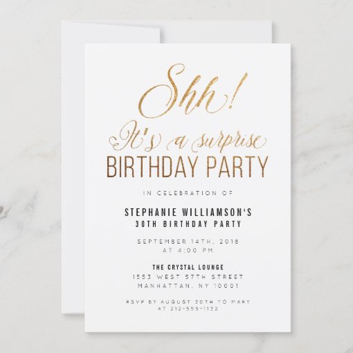 Gold Glitter Shh! It's A Surprise Birthday Party Invitation | Zazzle