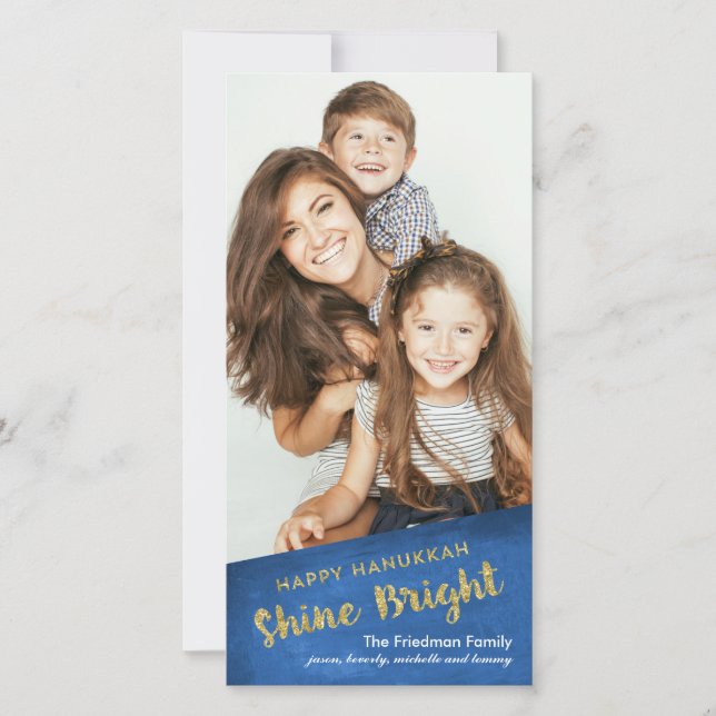 Gold Glitter Shine Bright Happy Hanukkah Holiday Card (Front)