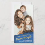 Gold Glitter Shine Bright Happy Hanukkah Holiday Card<br><div class="desc">Stylish and modern Hanukkah photo card that says "Happy Hanukkah Shine Bright" in faux gold glitter on a textured blue background.</div>