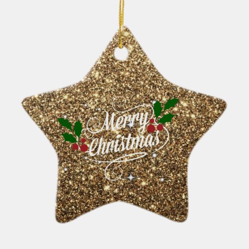 Gold glitter shiny and sparkling Merry Christmas Ceramic Ornament