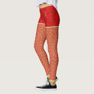 Gold Glitter Shorts, Gold & Red Pattern, Monogram Leggings