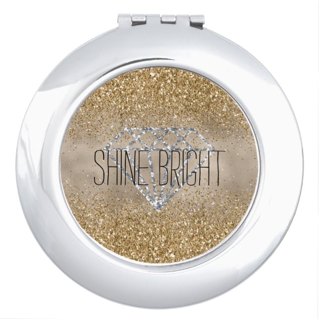 Gold Glitter Silver Diamond Shine Bright Compact Mirror (Front)