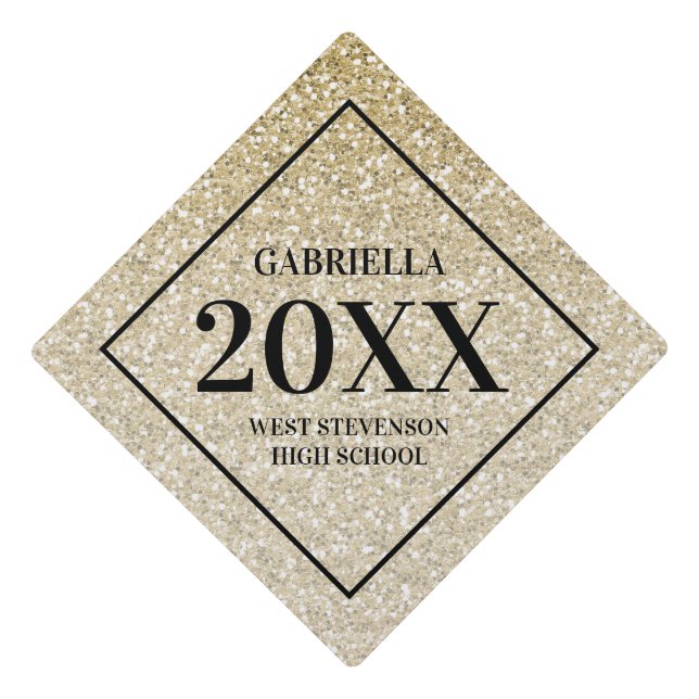 Gold Glitter Simple Name and Year 2025 Graduation Cap Topper (Front)
