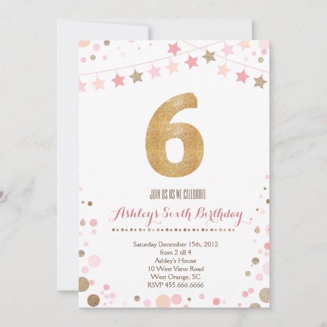 Gold Glitter Sixth Birthday Invitation (Front)