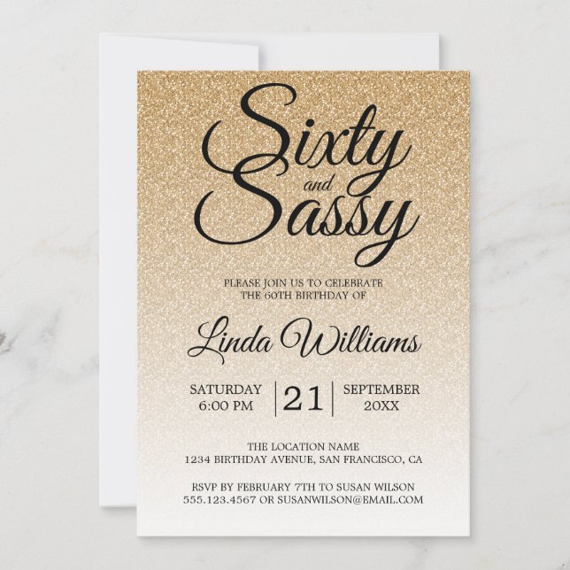 Gold Glitter Sixty Sassy 60th Birthday Invitation (Front)
