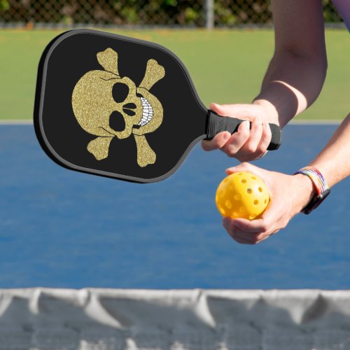 Gold Glitter Skull And Crossbones Pickleball Paddle