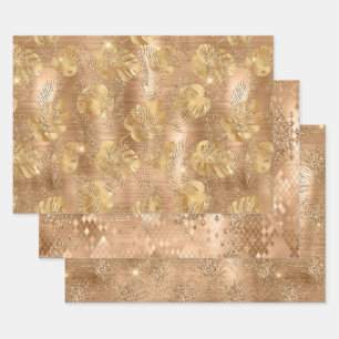 Gold Glitter Snake Skin, Leaves & Peacock Feathers Wrapping Paper Sheets