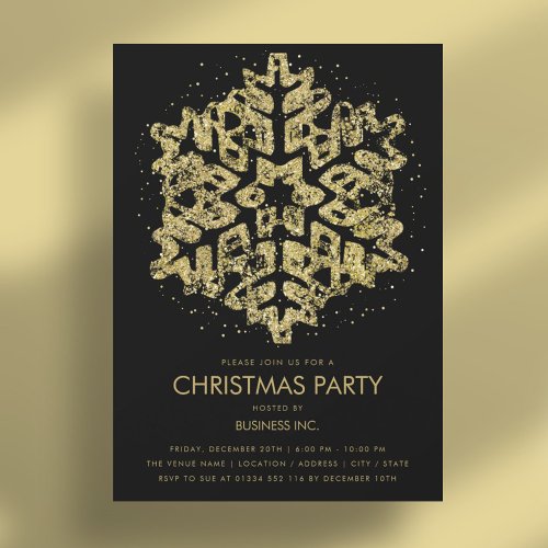 Gold Glitter Snowflake Christmas Party Black Invitation