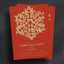 Gold Glitter Snowflake Christmas Party Red  Invitation