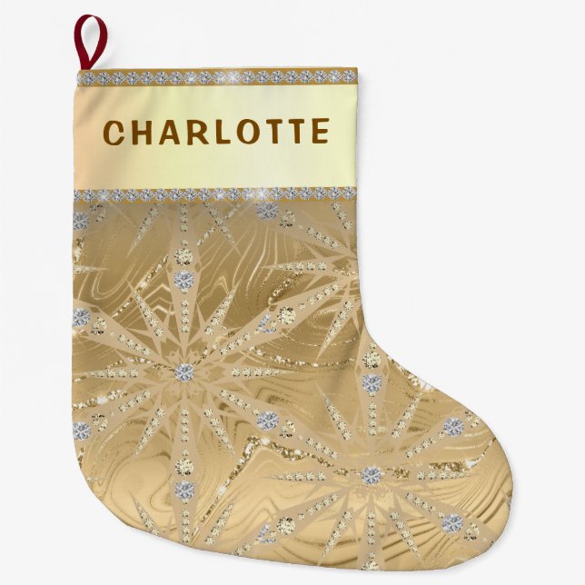 Gold Glitter Snowflake & Diamond Custom Name Large Christmas Stocking (Front)