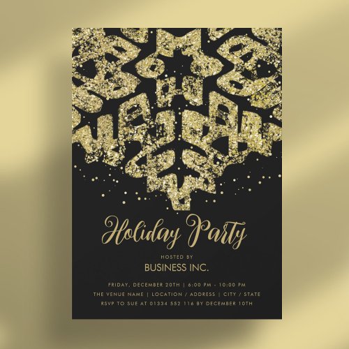 Gold Glitter Snowflake Holiday Party Black Invitation