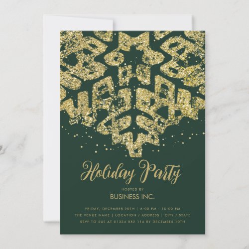 Gold Glitter Snowflake Holiday Party Green  Invitation