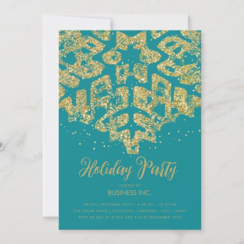Gold Glitter Snowflake Holiday Party Teal  Invitation