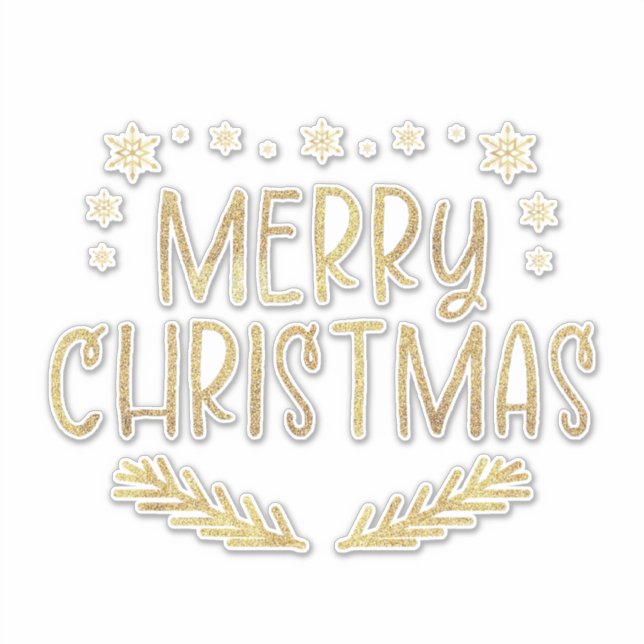 Gold Glitter Snowflake Merry Christmas Tree Leaves Sticker (Front)