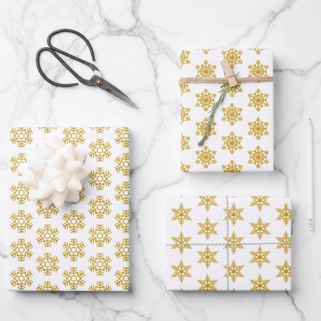 Gold glitter snowflake pattern christmas holiday wrapping paper sheets (Front)
