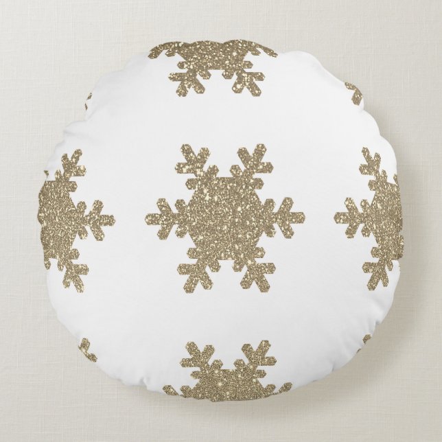 Gold Glitter Snowflake Pattern White Christmas Round Pillow (Front)