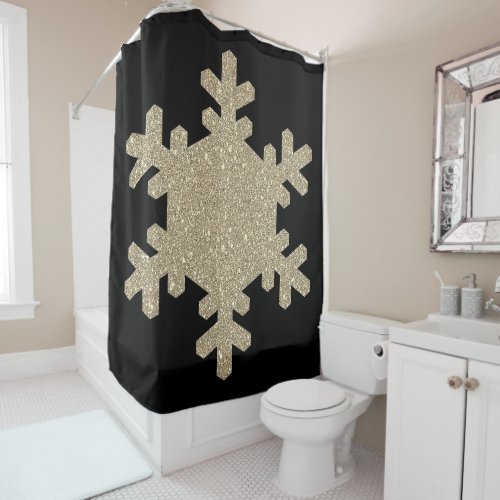 Gold Glitter Snowflake Patterns Black Stylish Cute Shower Curtain