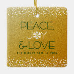 Gold Glitter Snowflake Peace Joy Love Custom Name Ceramic Ornament<br><div class="desc">“Peace, joy & love.” This ornament, with a fun, playful, white and dark green snowflake illustration and modern typography on a gold faux glitter background helps you usher in the holiday season. White confetti dots frame complete the look. On the back is a giant gold foil and white snowflake on...</div>