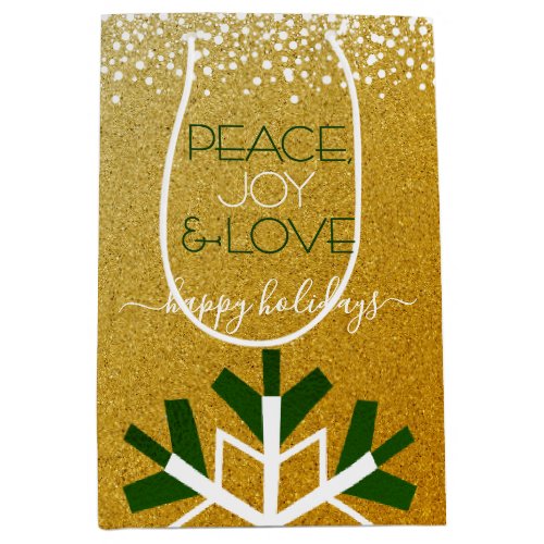 Gold Glitter Snowflake Peace Joy Love Typography Medium Gift Bag