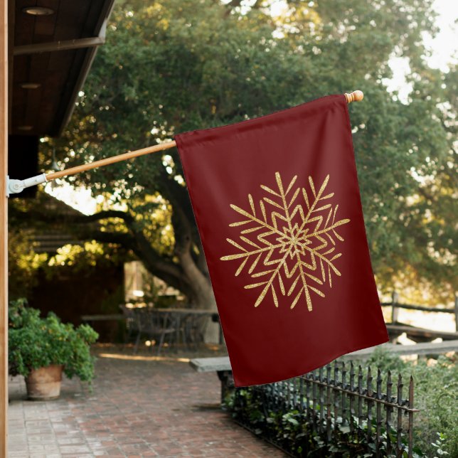 Gold Glitter Snowflake Red Holiday Christmas House Flag (In SItu)