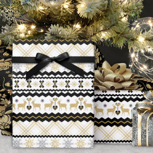 Gold Glitter Snowflakes Black White Nordic Pattern Wrapping Paper