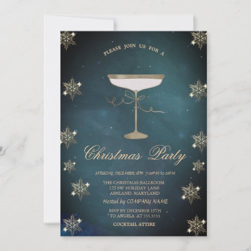 Gold Glitter Snowflakes Champagne Glass Christmas  Invitation