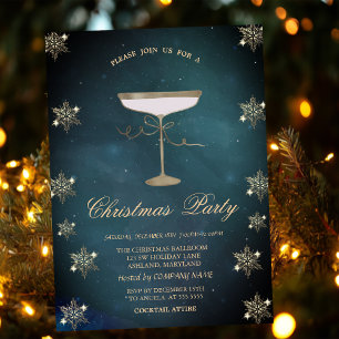 Gold Glitter Snowflakes Champagne Glass Christmas Invitation