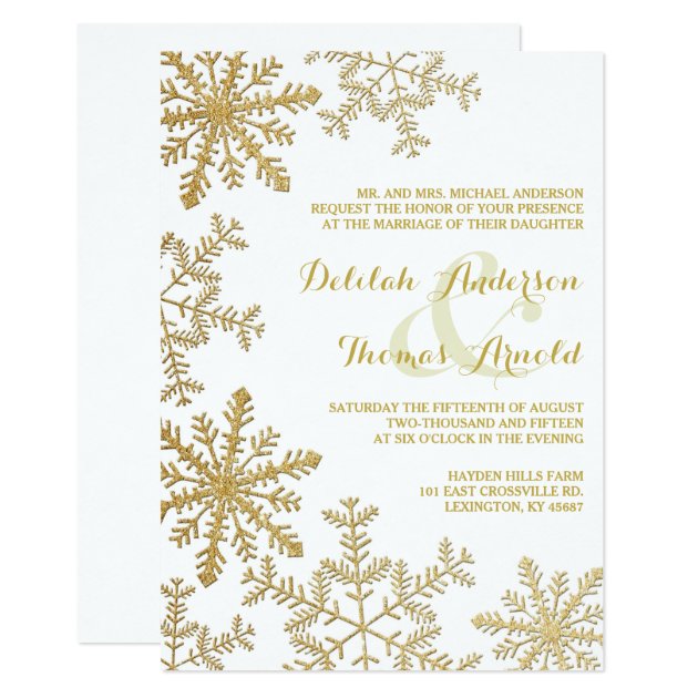 Gold Glitter Snowflakes Elegant Winter Wedding Invitation