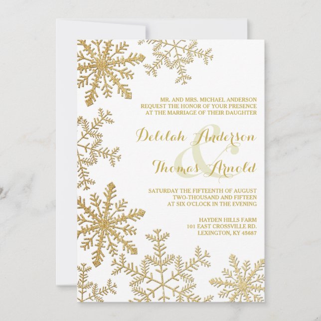 Gold Glitter Snowflakes Elegant Winter Wedding Invitation (Front)