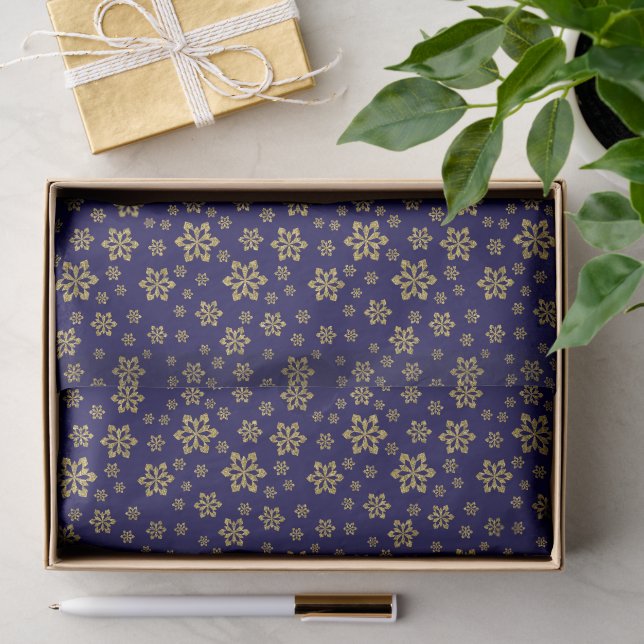 Gold Glitter Snowflakes on Dark Blue Tissue Paper (Gift)