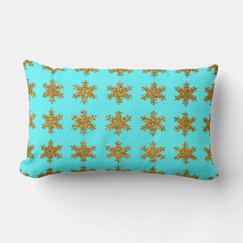 Gold Glitter Snowflakes Patterns Turquoise Blue Lumbar Pillow
