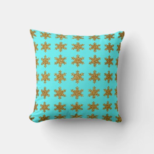 Gold Glitter Snowflakes Patterns Turquoise Blue Throw Pillow
