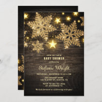Gold Glitter Snowflakes Rustic Baby Shower Invitation