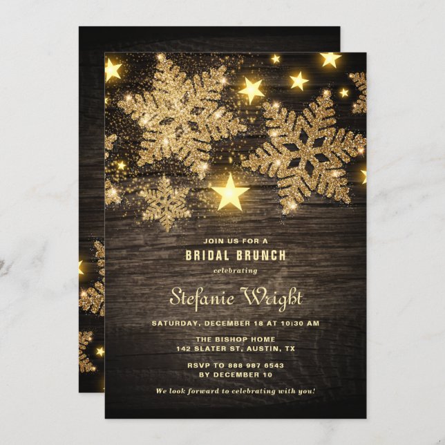 Gold Glitter Snowflakes Rustic Bridal Brunch Invitation (Front/Back)