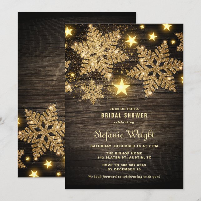 Gold Glitter Snowflakes Rustic Bridal Shower Invitation (Front/Back)
