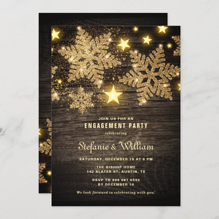 Gold Glitter Snowflakes Rustic Engagement Party Invitation 